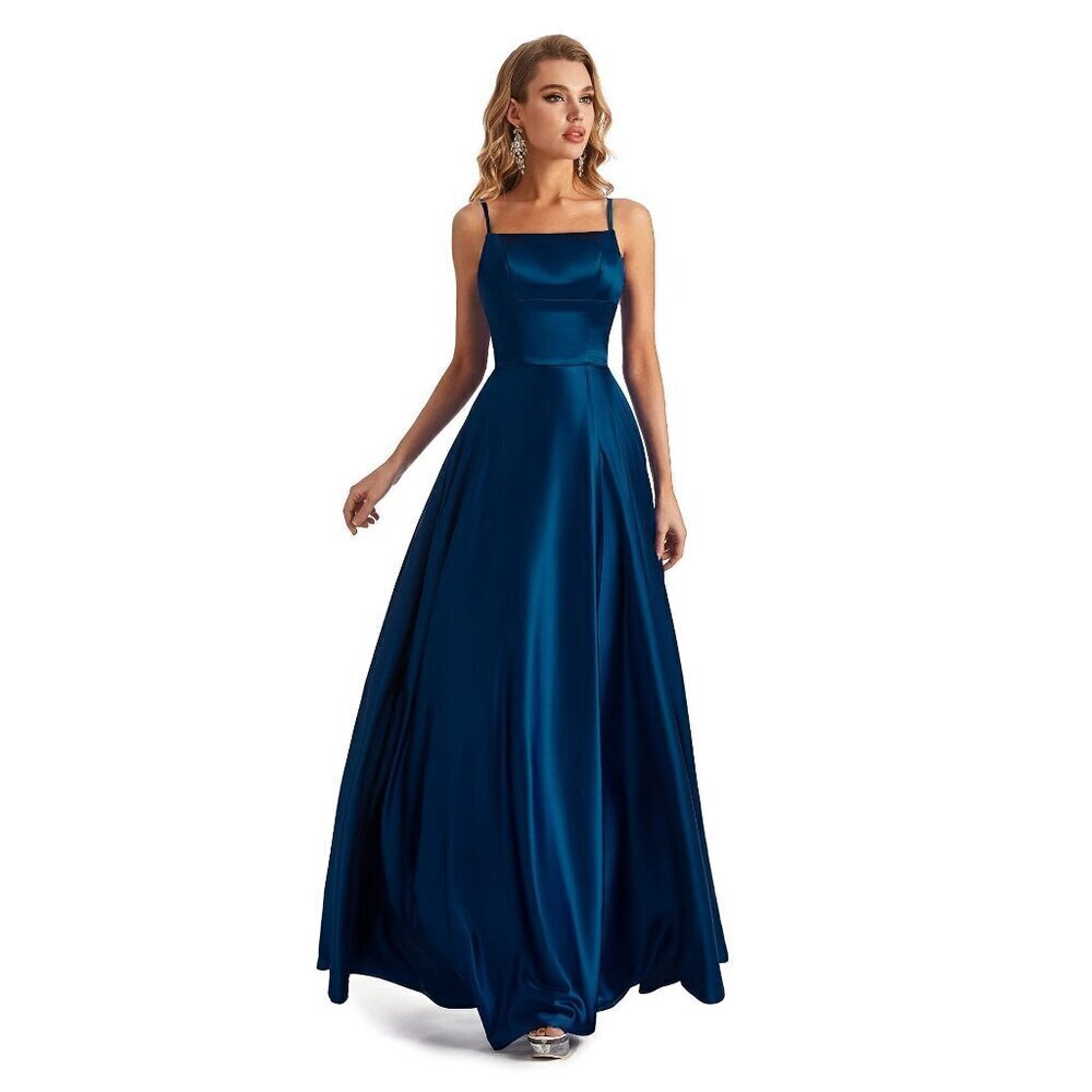 Lecureler Long Satin Spaghetti Strap Prom Dress Navy Blue Size Large